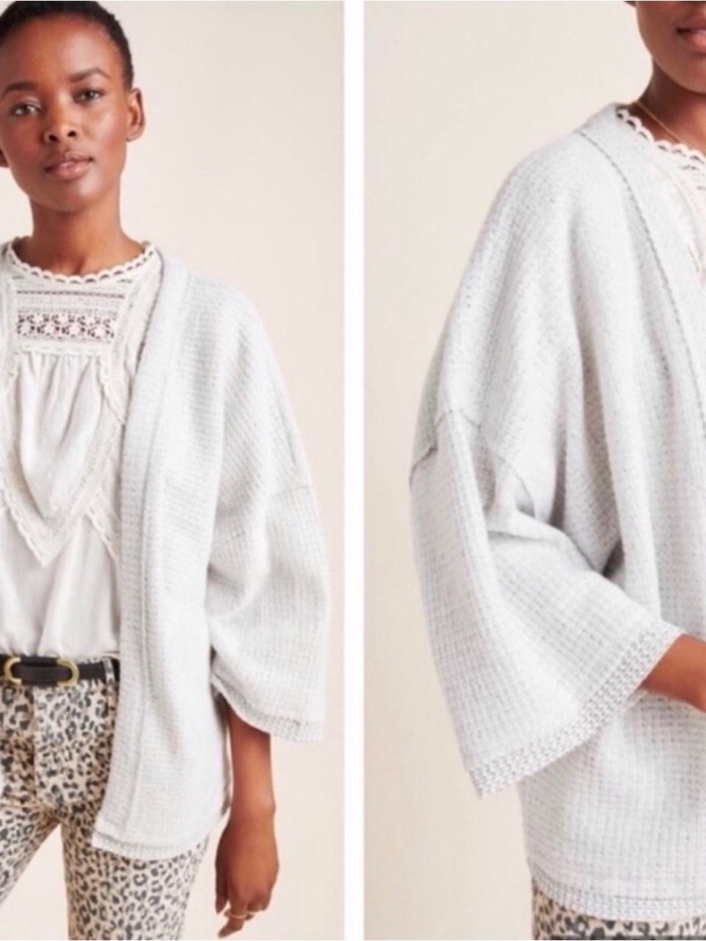 Anthropologie Maeve Light Gray Waffle Knit Open Cardigan